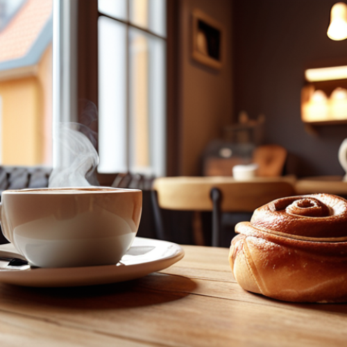 A cozy fika scene in a minimalist Swedish café. A steaming cup of coffee next to a freshly baked kanelbulle (cinnamon bun) on a wooden table. Soft, warm lighting, blurred background showing other patrons enjoying their fika. Nordic interior design, hygge atmosphere, natural light from a large window. High detail, realistic, inviting.