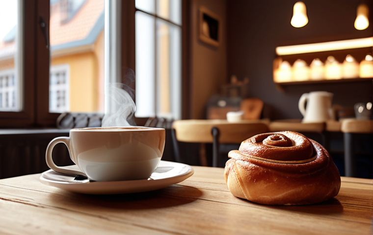 A cozy fika scene in a minimalist Swedish café. A steaming cup of coffee next to a freshly baked kanelbulle (cinnamon bun) on a wooden table. Soft, warm lighting, blurred background showing other patrons enjoying their fika. Nordic interior design, hygge atmosphere, natural light from a large window. High detail, realistic, inviting.
