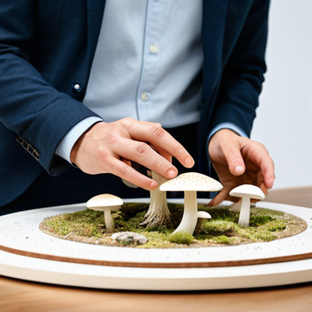 A skilled architect, fully clothed in professional business attire, carefully examining a sustainably designed architectural model made from mycelium, in a bright, modern studio. The studio showcases various innovative mycelium-based products like packaging prototypes and mushroom leather samples, emphasizing a circular economy. The scene is well-lit with natural light, focusing on the intricate textures of the bio-materials. safe for work, appropriate content, fully clothed, professional, perfect anatomy, correct proportions, natural pose, well-formed hands, proper finger count, natural body proportions, high quality studio photography, detailed, realistic.