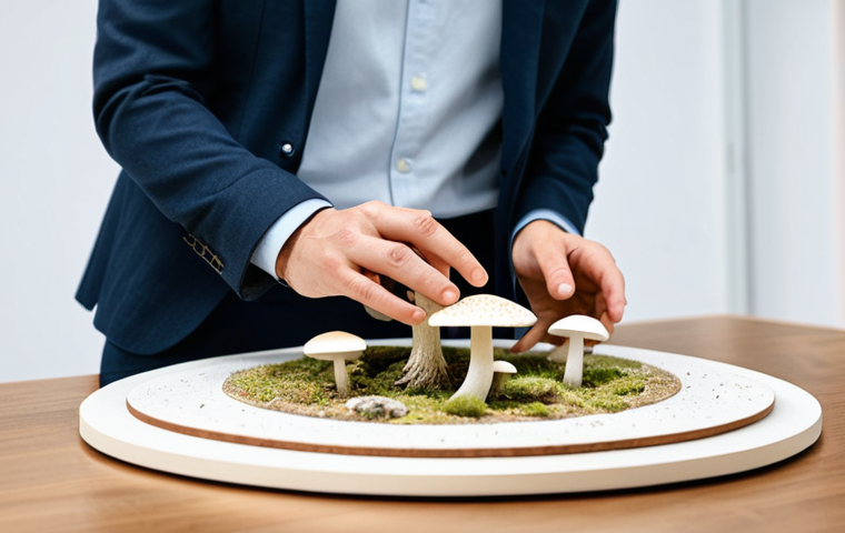 A skilled architect, fully clothed in professional business attire, carefully examining a sustainably designed architectural model made from mycelium, in a bright, modern studio. The studio showcases various innovative mycelium-based products like packaging prototypes and mushroom leather samples, emphasizing a circular economy. The scene is well-lit with natural light, focusing on the intricate textures of the bio-materials. safe for work, appropriate content, fully clothed, professional, perfect anatomy, correct proportions, natural pose, well-formed hands, proper finger count, natural body proportions, high quality studio photography, detailed, realistic.