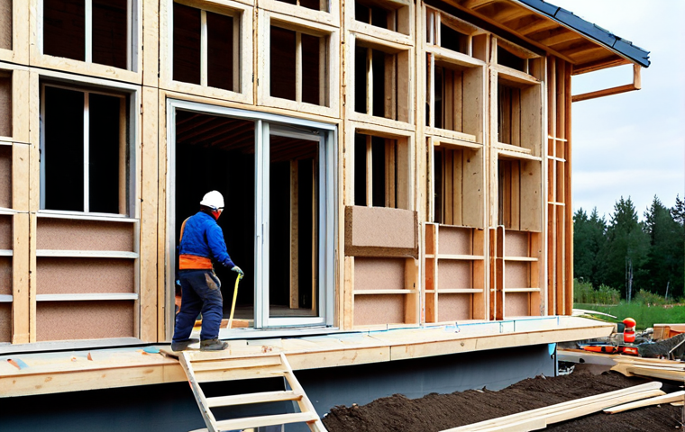 Sustainable Home Insulation**
"Modern Swedish house under construction, showing eco-friendly mushroom insulation being installed in the walls, fully clothed construction worker, daytime, exterior shot, safe for work, appropriate content, professional architecture photography, perfect anatomy, natural proportions, modest environment, high quality"
**
