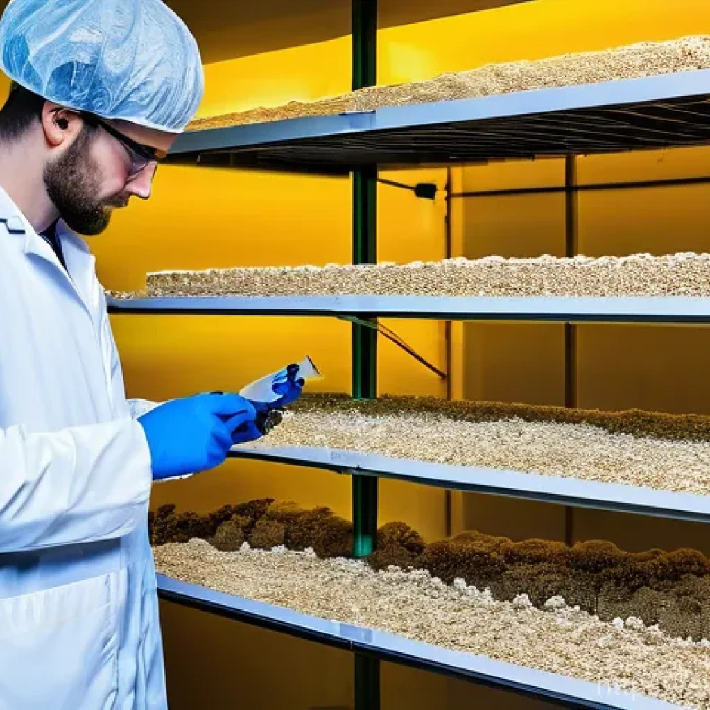 버섯 소재의 수명 주기 분석 - **Urban Mushroom Farm & Circularity**: A clean, brightly lit, modern indoor urban mushroom farm in S...