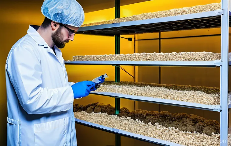 버섯 소재의 수명 주기 분석 - **Urban Mushroom Farm & Circularity**: A clean, brightly lit, modern indoor urban mushroom farm in S...
