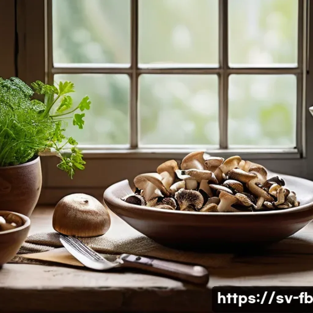 버섯 소재의 소비자 인식 - A cozy Swedish kitchen scene featuring a rustic wooden table with an assortment of fresh mushrooms i...
