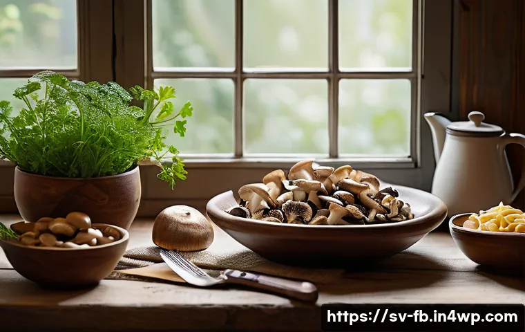 버섯 소재의 소비자 인식 - A cozy Swedish kitchen scene featuring a rustic wooden table with an assortment of fresh mushrooms i...