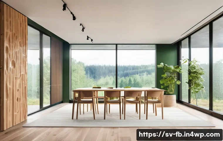 버섯 기반 소재의 연구 동향 - A modern Scandinavian eco-friendly building interior showcasing sustainable mushroom-based insulatio...