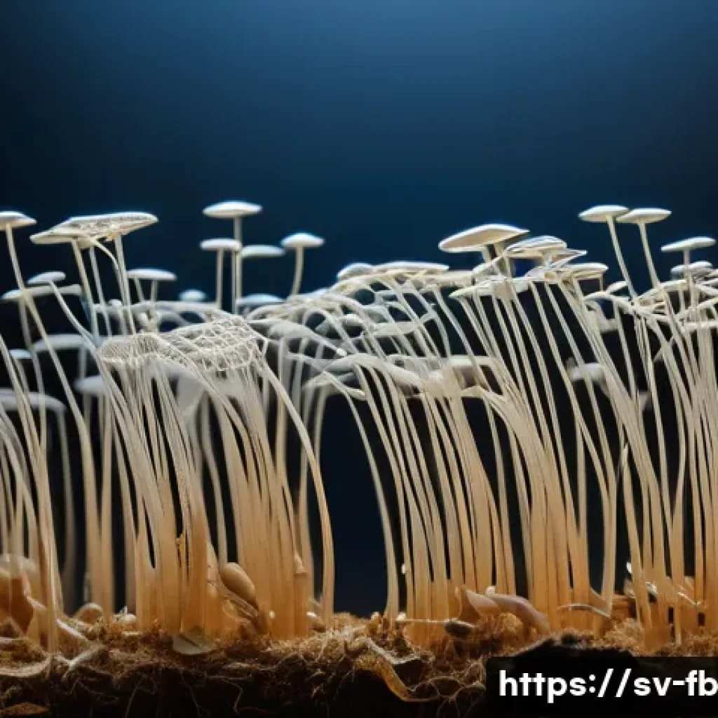 버섯 섬유의 생산 과정 이해하기 - A close-up view of a delicate network of mushroom mycelium growing on a natural substrate like wood ...