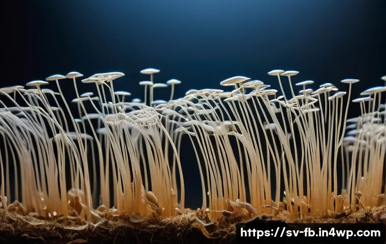 버섯 섬유의 생산 과정 이해하기 - A close-up view of a delicate network of mushroom mycelium growing on a natural substrate like wood ...