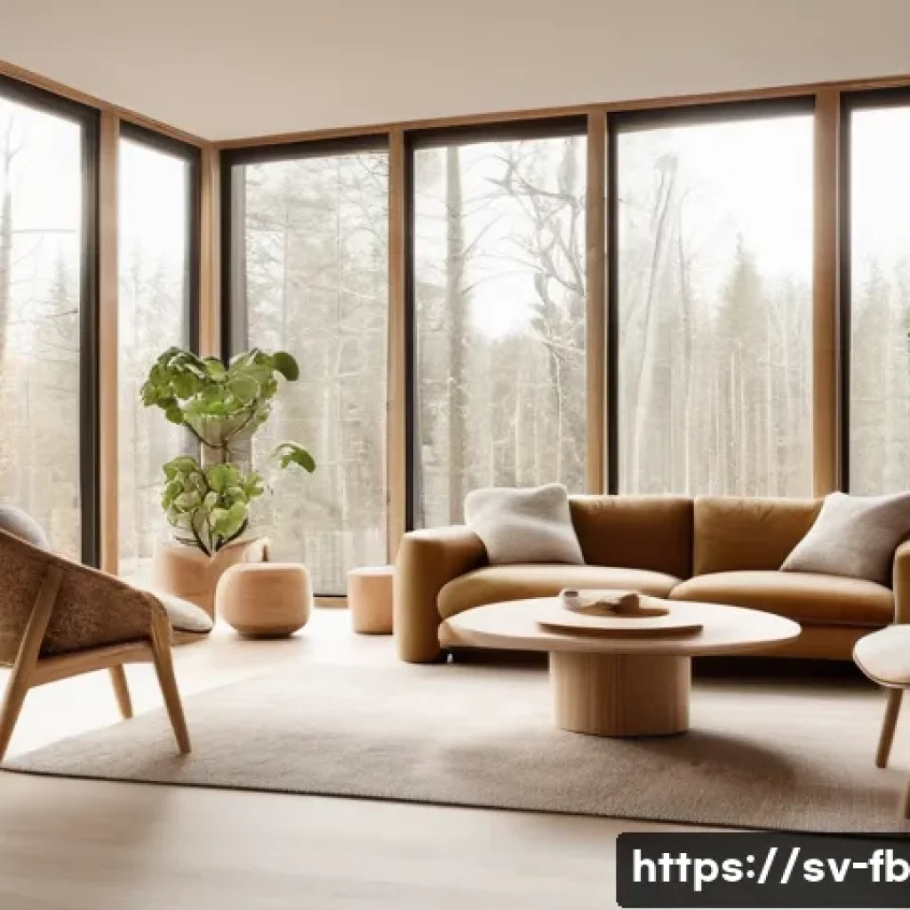 버섯 소재의 지속 가능성 있는 디자인 - A modern Scandinavian living room featuring sustainable mushroom-based furniture with organic textur...