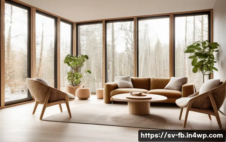 버섯 소재의 지속 가능성 있는 디자인 - A modern Scandinavian living room featuring sustainable mushroom-based furniture with organic textur...