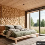 Home 21 버섯 소재의 환경적 장점 - A modern Scandinavian eco-friendly home interior featuring mushroom-based insulation panels visibly ...