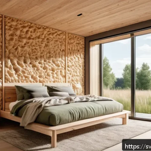 Home 33 버섯 소재의 환경적 장점 - A modern Scandinavian eco-friendly home interior featuring mushroom-based insulation panels visibly ...