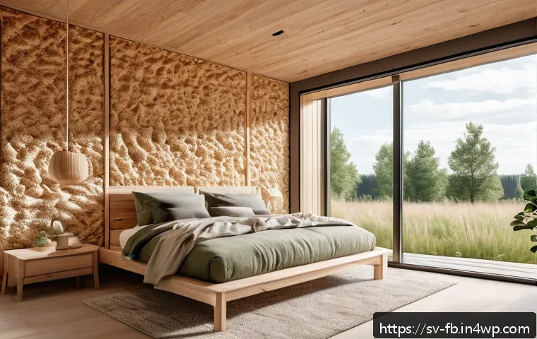 버섯 소재의 환경적 장점 - A modern Scandinavian eco-friendly home interior featuring mushroom-based insulation panels visibly ...