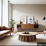 Home 20 버섯 기반 소재의 성공 사례 - A modern Scandinavian living room featuring eco-friendly mushroom-based furniture with smooth, leath...
