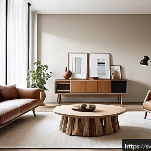 Home 32 버섯 기반 소재의 성공 사례 - A modern Scandinavian living room featuring eco-friendly mushroom-based furniture with smooth, leath...