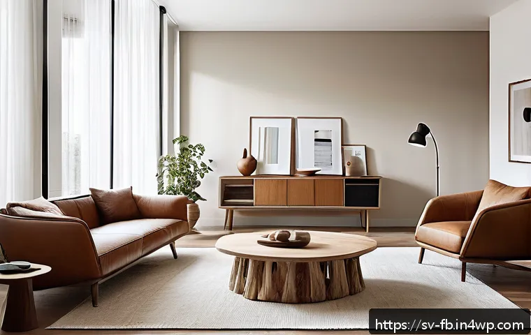 버섯 기반 소재의 성공 사례 - A modern Scandinavian living room featuring eco-friendly mushroom-based furniture with smooth, leath...