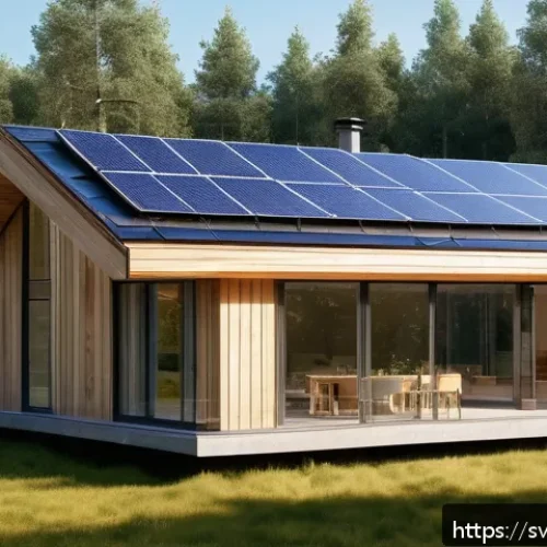 Home 31 버섯 기반 소재의 기술적 발전 - A modern, eco-friendly Swedish house exterior showcasing mushroom-based insulation panels integrated...