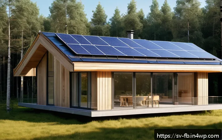 버섯 기반 소재의 기술적 발전 - A modern, eco-friendly Swedish house exterior showcasing mushroom-based insulation panels integrated...