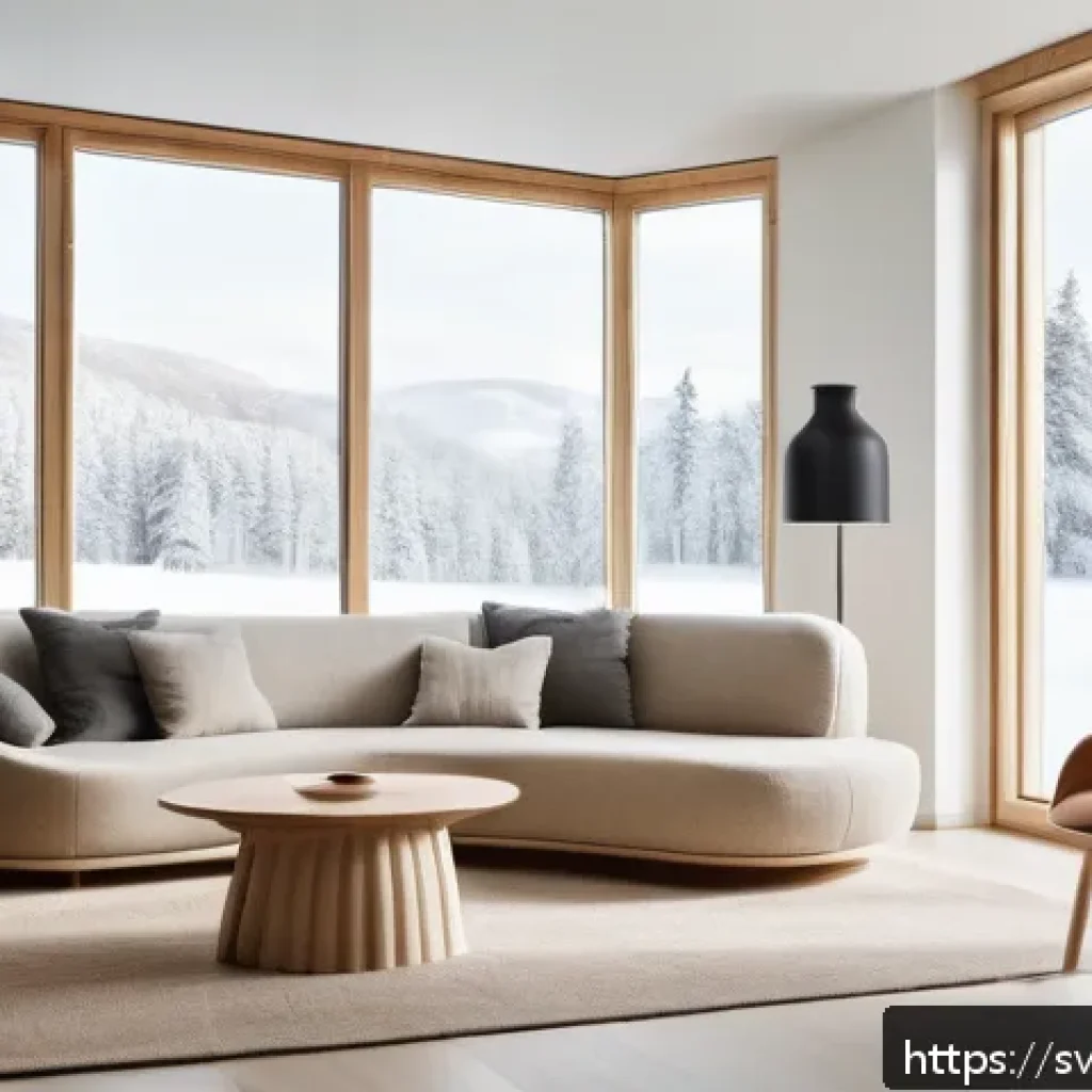 버섯 기반 소재의 연구 결과 - A modern Scandinavian-style living room featuring eco-friendly furniture made from light, biodegrada...