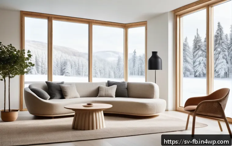 버섯 기반 소재의 연구 결과 - A modern Scandinavian-style living room featuring eco-friendly furniture made from light, biodegrada...
