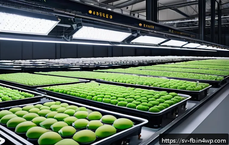 버섯 기반 소재의 투자 기회 - A futuristic industrial facility in Sweden showcasing automated production of mushroom-based myceliu...